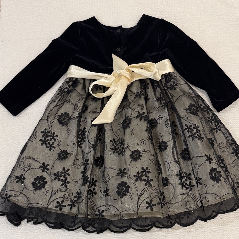 Talbots Black Velvet & Cream Sash Floral Lace Girls' Dress - Picture 3 of 5